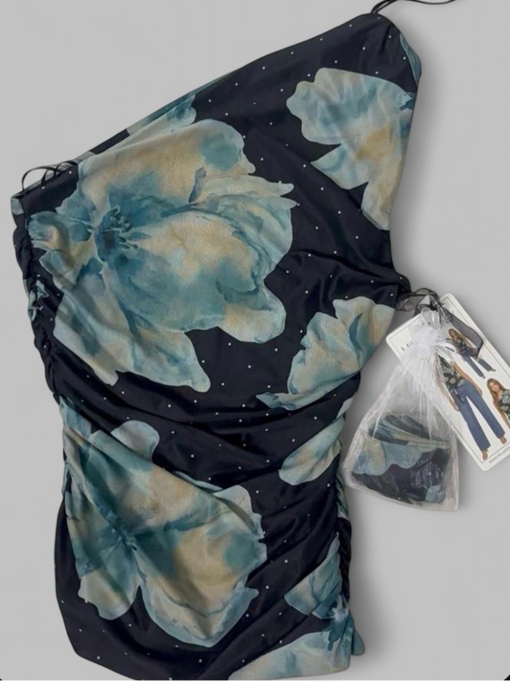 One-Shoulder Black Floral Dress with Blue-Green Blooms